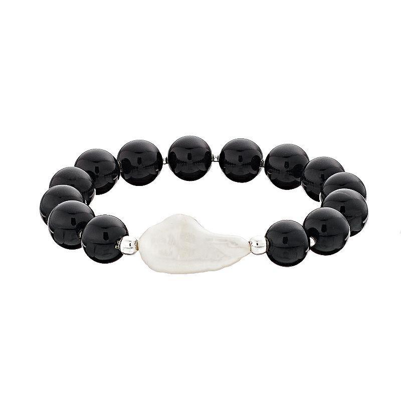 Aleure Precioso 10 mm Bead & Freshwater Pearl Stretch Bracelet, Womens Sterling Black Product Image