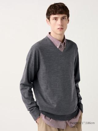 Mens Merino Sweater V-Neck Gray Medium UNIQLO US Product Image