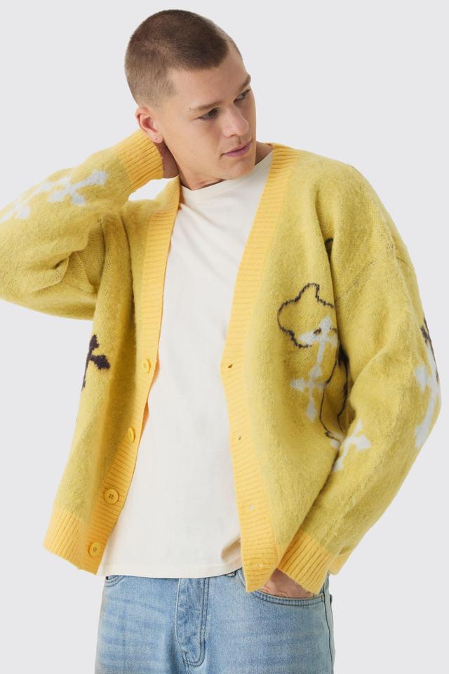 Oversized Boxy Cross Brushed Knitted Cardigan | boohooMAN USA Product Image