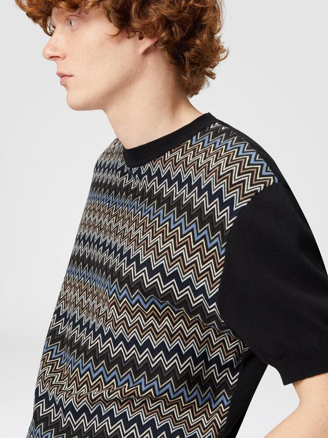 Zigzag cotton knit T-shirt with solid color inserts Black & Multicoloured | Missoni Product Image