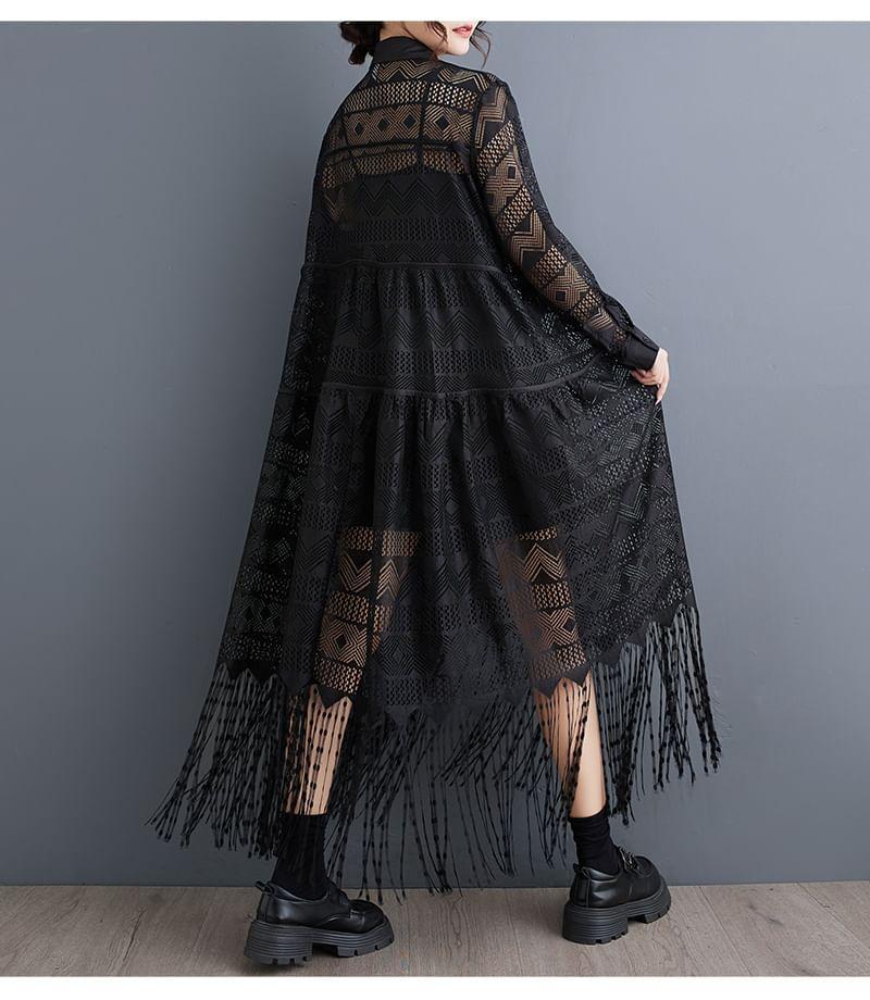 Long-Sleeve Lace Fringed Maxi Shirt Dress Product Image