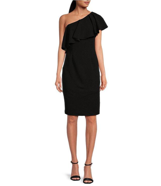 Trina Turk Luau Crepe Knit Asymmetric Ruffle One Shoulder Sheath Dress Product Image