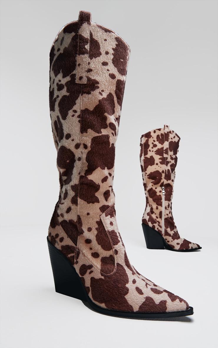 Beige Contrast Cow Print Point Toe Heeled Westerns Knee Boots Product Image