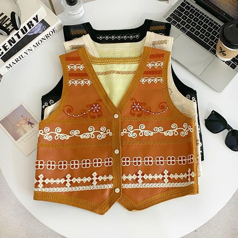 V-Neck Floral Embroidered Button-Up Faux Leather Crop Vest Product Image