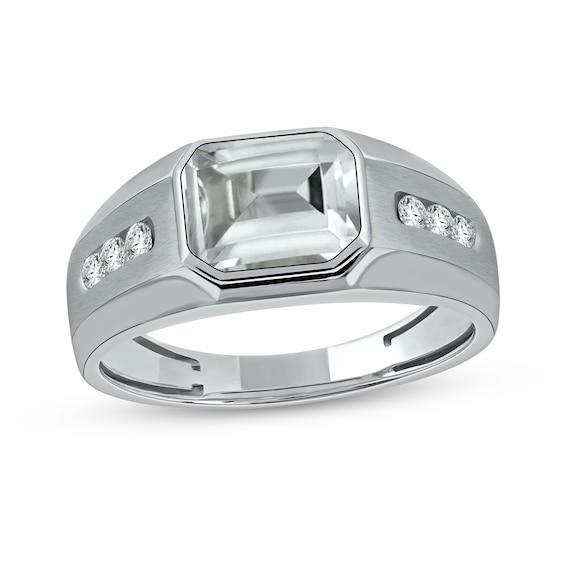 Men's Sideways Octagonal White Topaz and White Lab-Created Sapphire Tri-Sides Channel Band in Sterling Silver Product Image