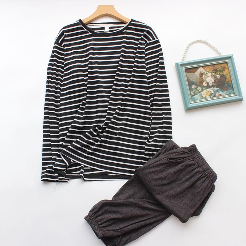 Couple Matching Pajama Set: Long-Sleeve Crew Neck Striped T-Shirt + Pants Product Image