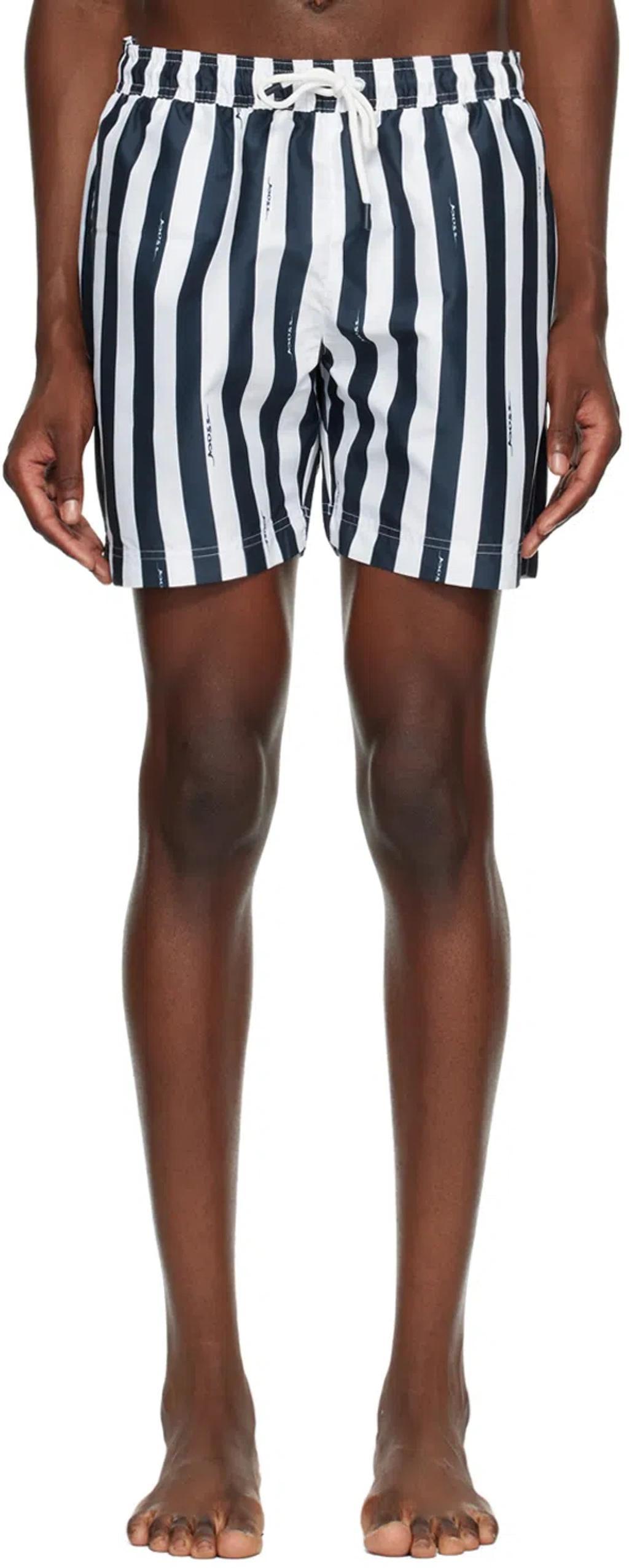 HUGO BOSS Navy Striped Swim Shorts In Blue Product Image