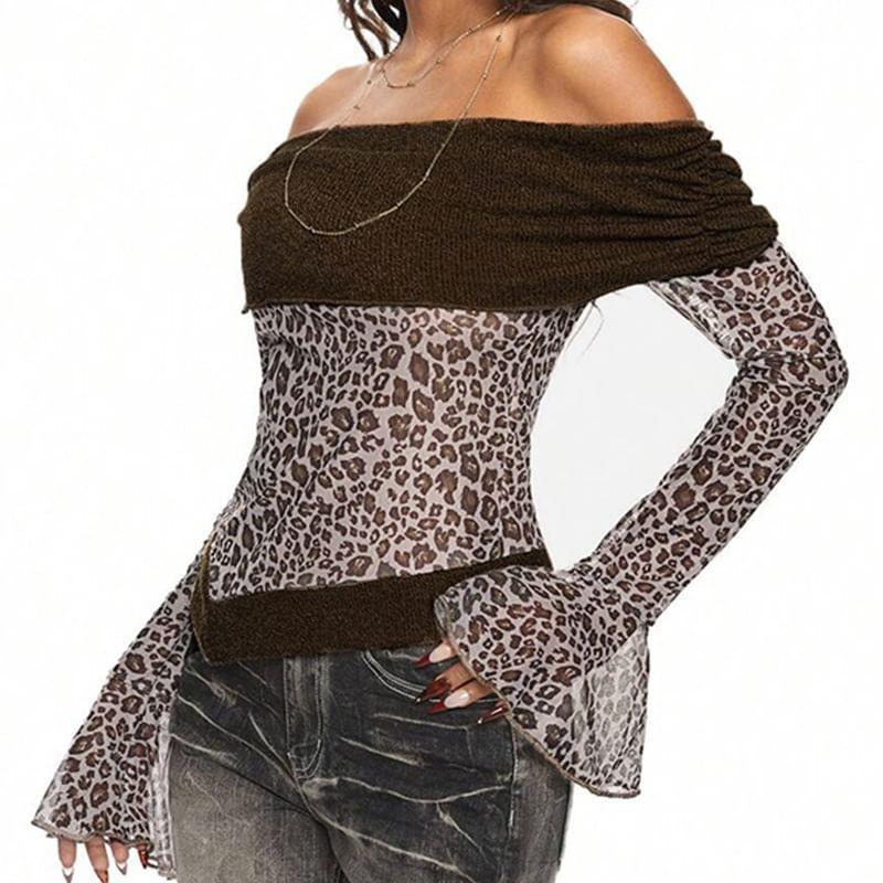 Bell Sleeve Off-Shoulder Leopard Knit Panel Mesh Slim-Fit Top Product Image