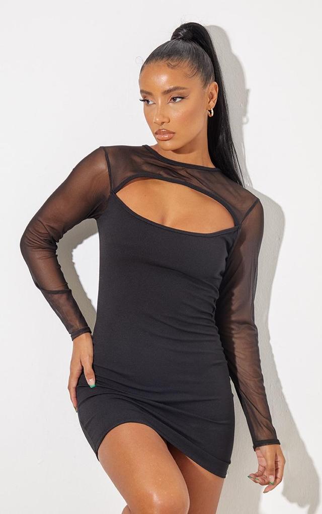 Black Mesh Bodice Cut Out Long Sleeve Bodycon Dress Product Image