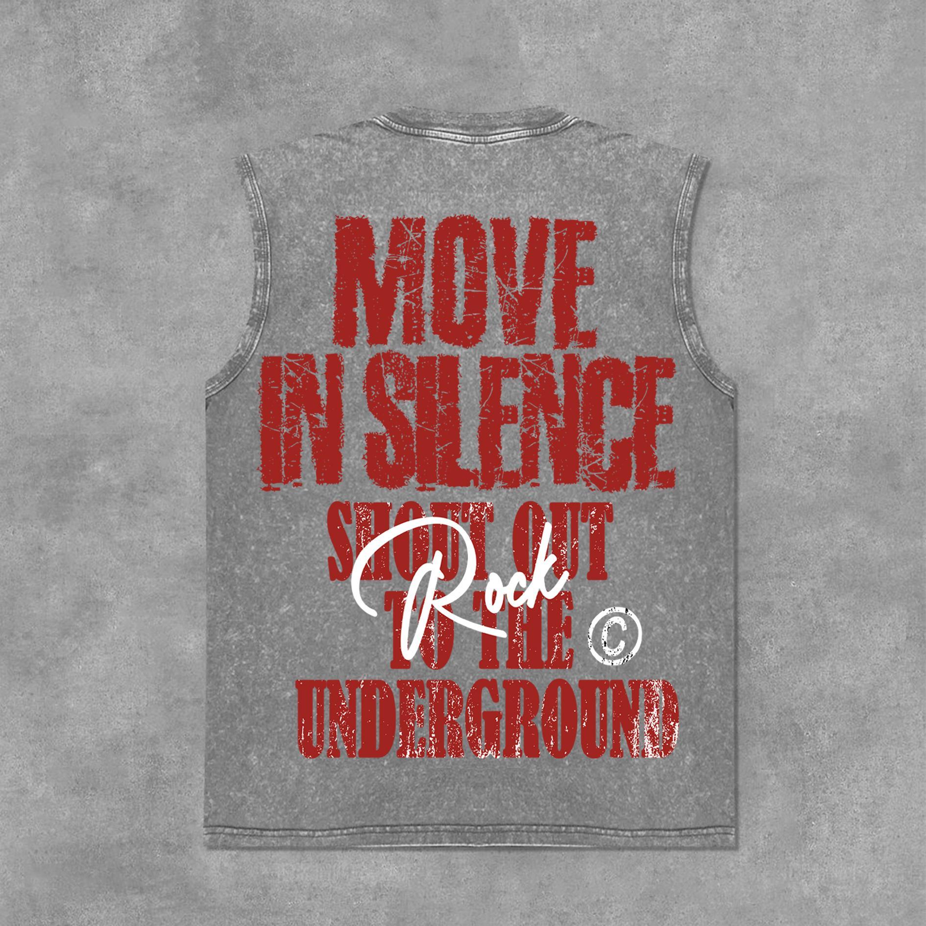 Vintage Move In Silence Graphic Print Acid Washed Sleeveless Tank Top Product Image