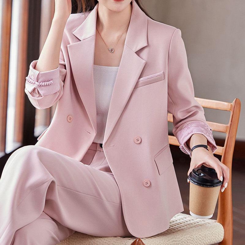 Lapel Collar Plain Single Button Blazer / Mid Waist Plain Wide Leg Slacks / Set Product Image