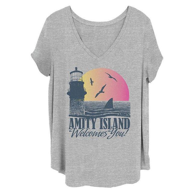 Juniors Plus Size Jaws Amity Island Welcomes You Shark Fin Sunset Tee, Girls Grey Gray Product Image