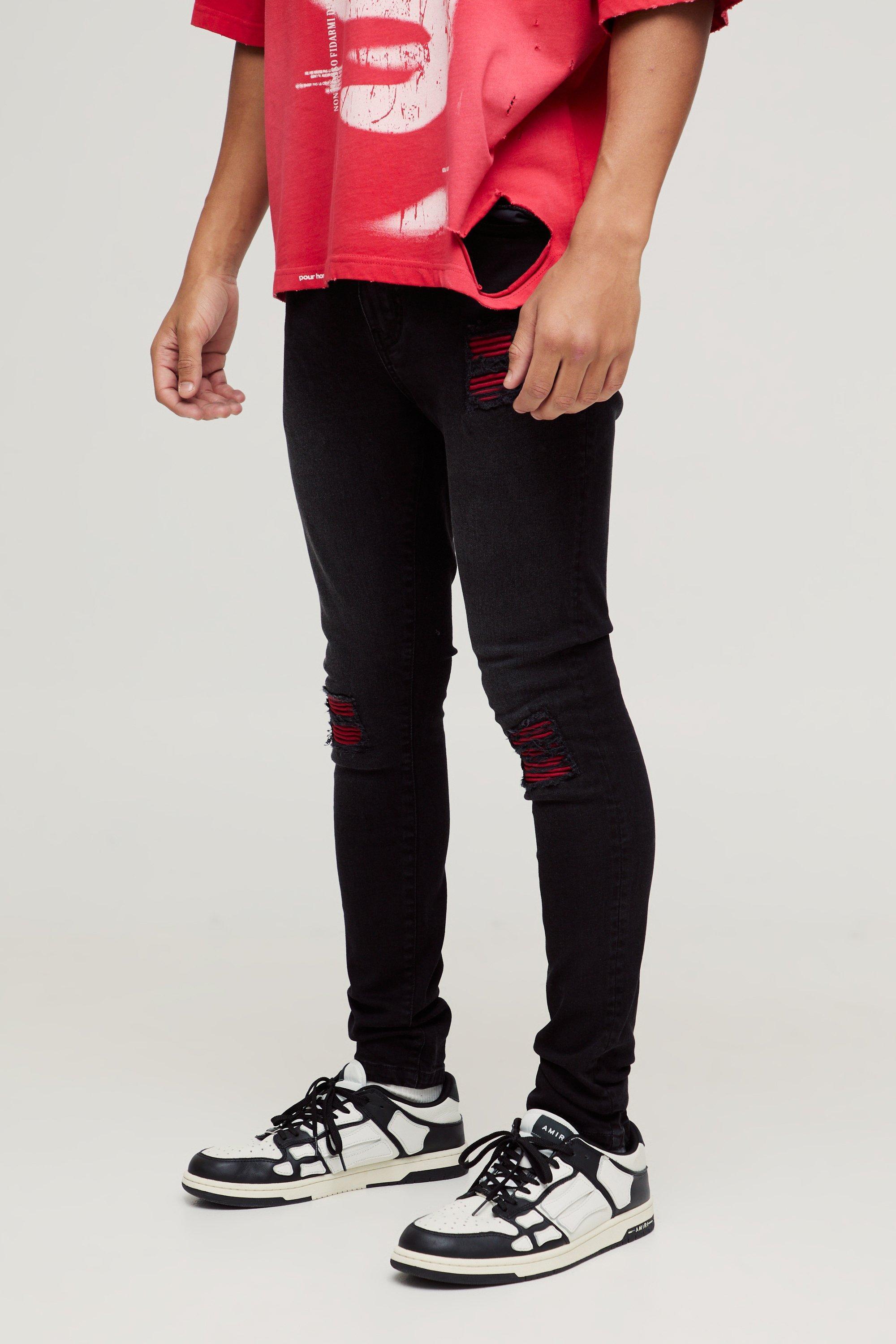 Super Skinny Stretch Biker Red Rip & Repair Jeans | boohooMAN USA Product Image