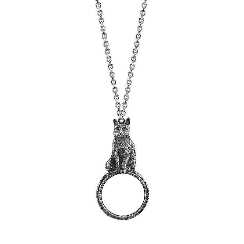 1928 Jewelry Pewter Cat Magnifying Glass Pendant Necklace Product Image