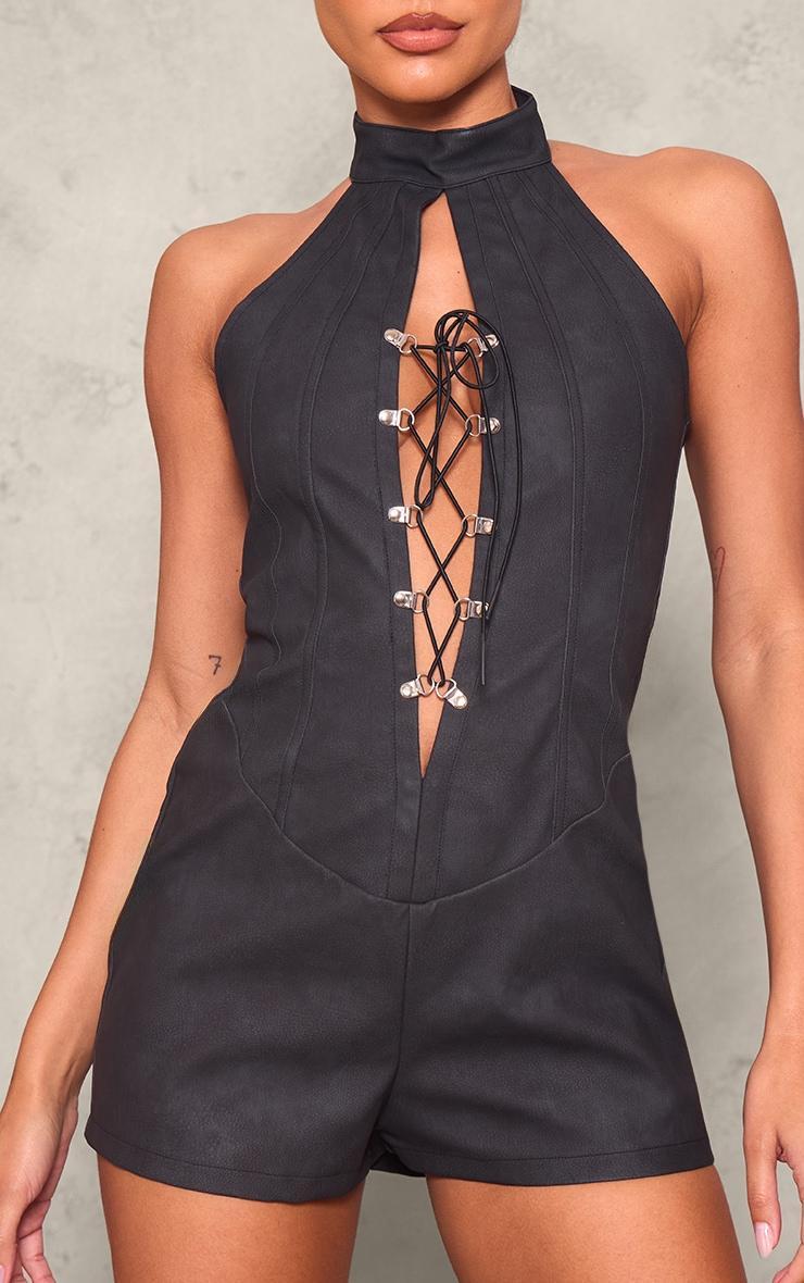 Black Faux Leather Lace Up Halterneck Romper Product Image