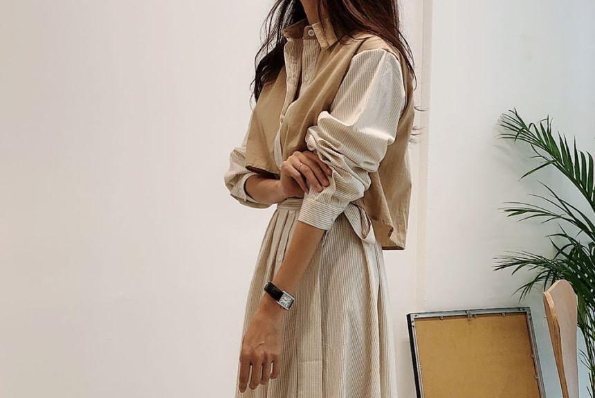 Long Sleeve Collared Striped Panel Midi A-Line Shirt Dress Product Image