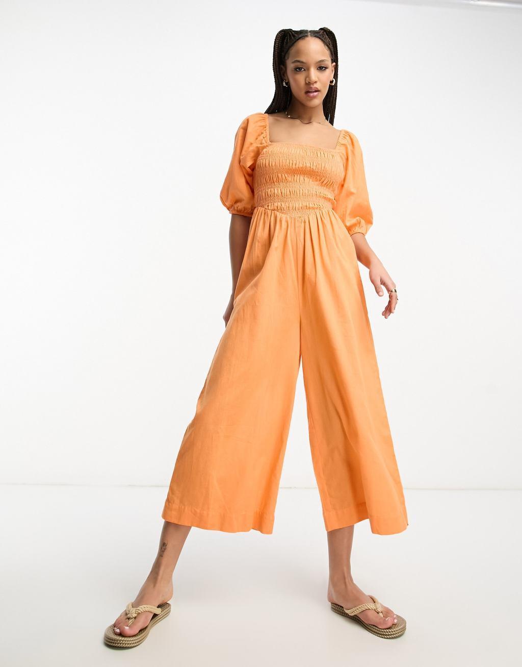 ASOS DESIGN linen look shirred bodice puff sleeve jumpsuit Product Image