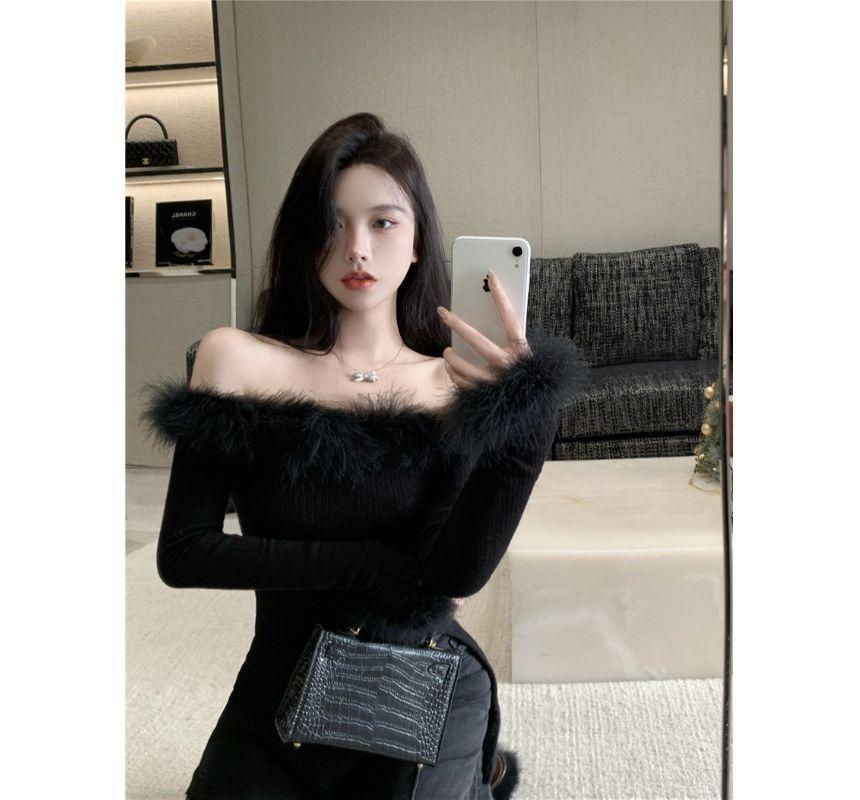 Off-Shoulder Plain Fluffy Trim Ribbed Side-Slit Sweater Product Image