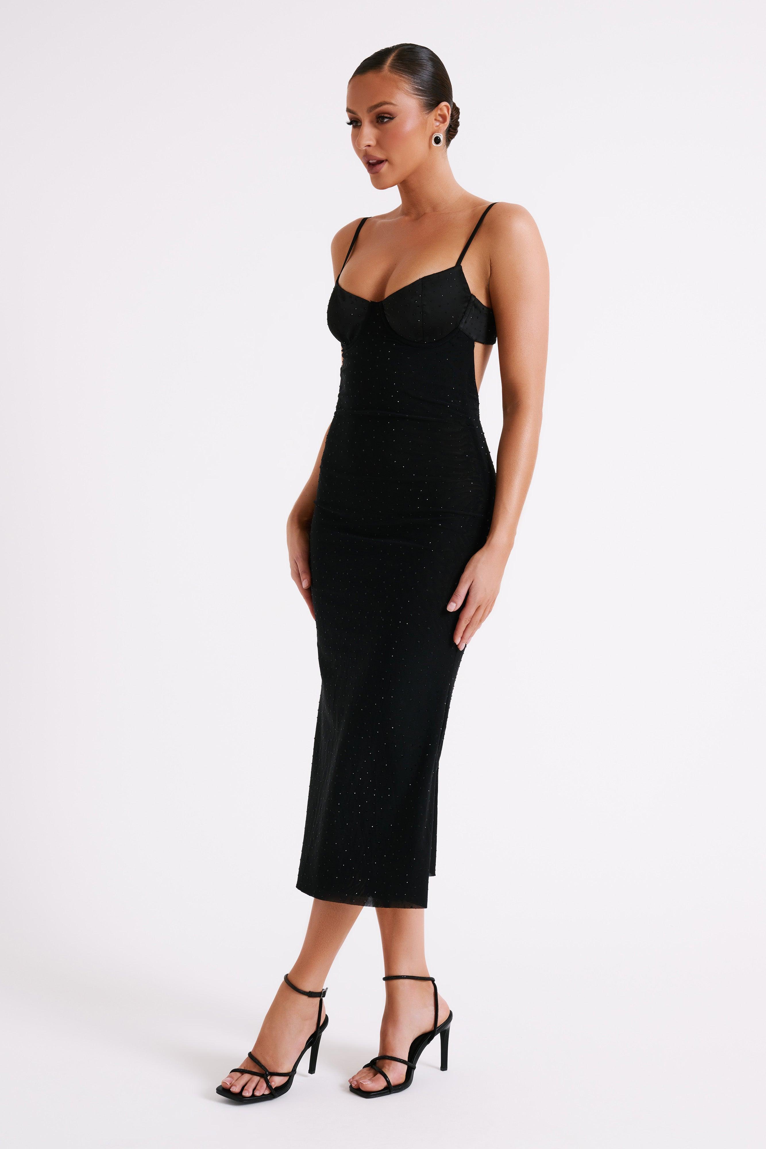 Novah Hot Fix Mesh Midi Dress - Black Product Image