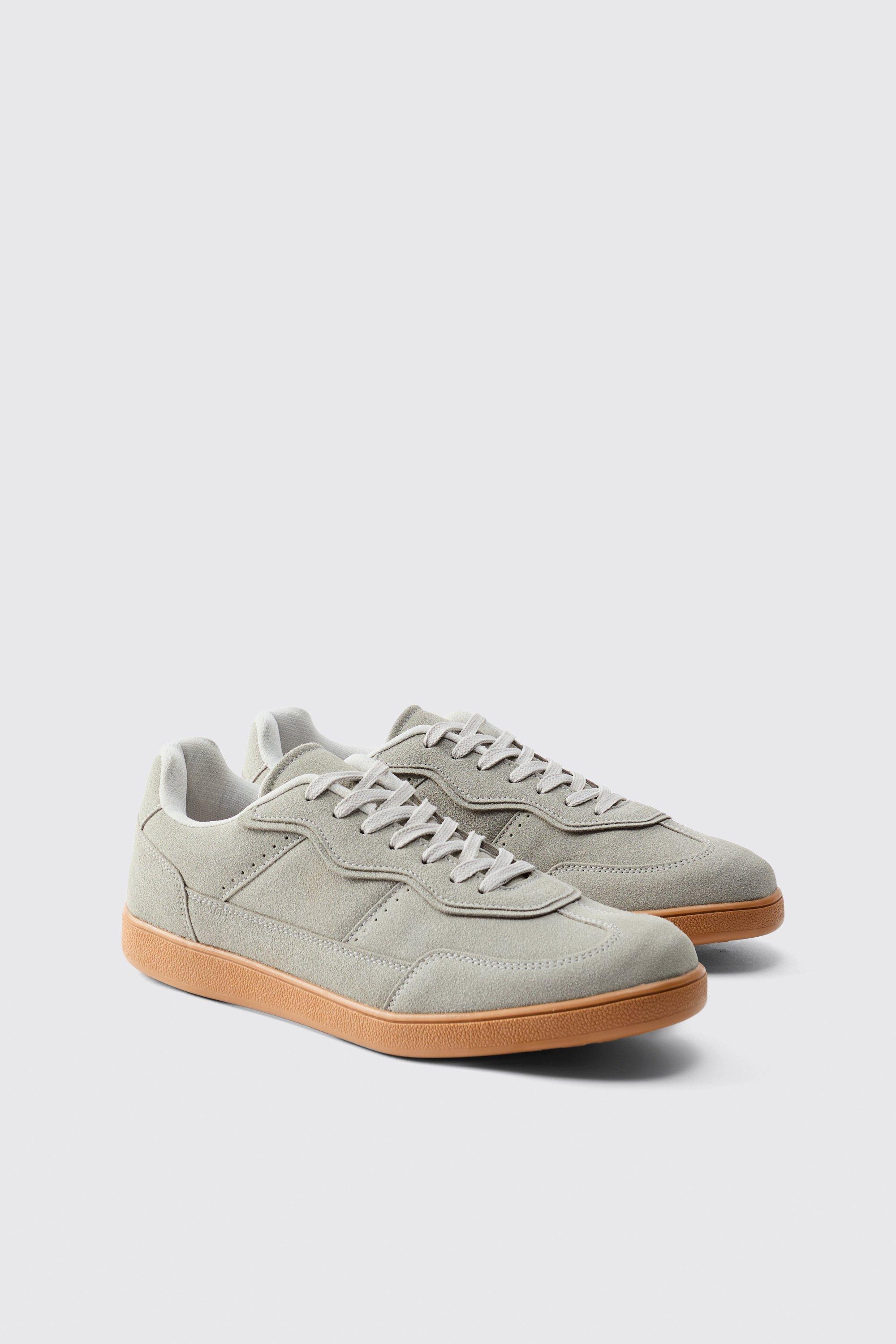 Suede Trainer In Grey with white detail | boohooMAN USA product image