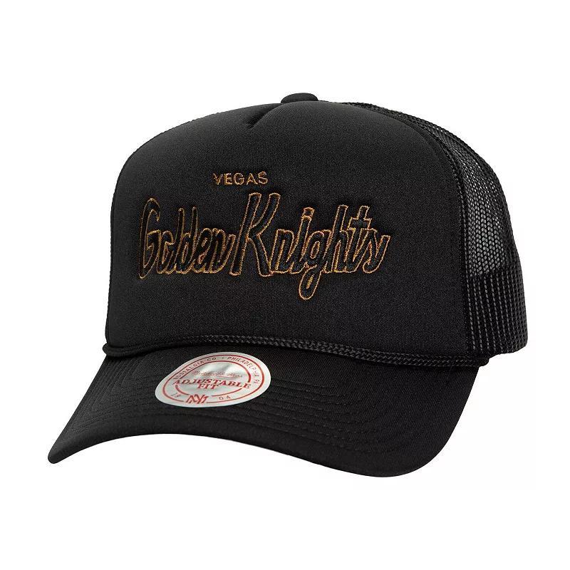 Mens Mitchell & Ness Black Vegas Golden Knights Script Side Patch Trucker Adjustable Hat Product Image