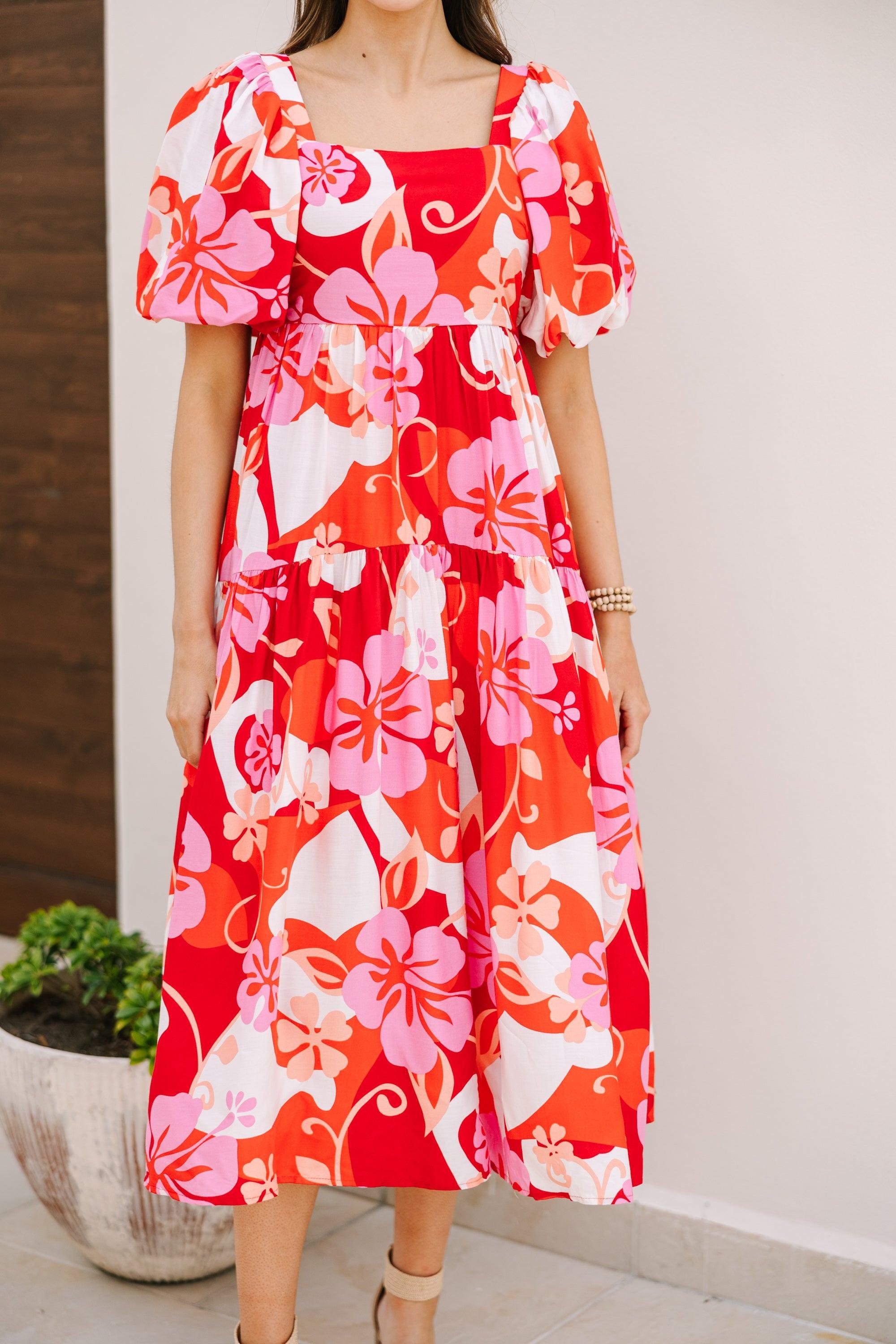 It's All For You Red Floral Midi Dress Female Product Image