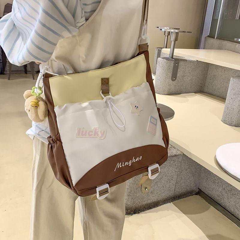 Applique Drawstring Panel Nylon Crossbody Tote Bag Product Image