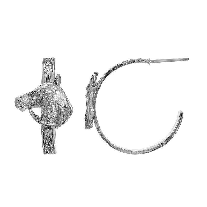 1928 Silver Tone Horse Head C-Hoop Earrings, Women's - Size: One Size Product Image