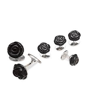 Mens 6-Piece Carved Rose Black Onyx & Sterling Silver Stud & Cufflink Set Product Image