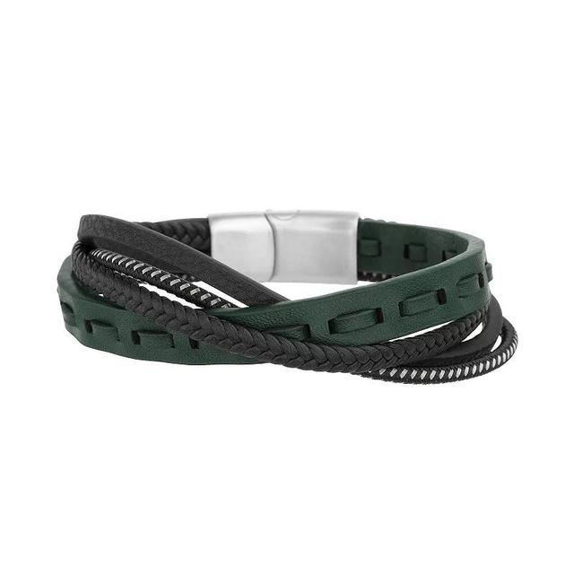 1913 Mens Triple Strand Black & Green Vegan Leather Bracelet with Stainless Steel Clasp Product Image