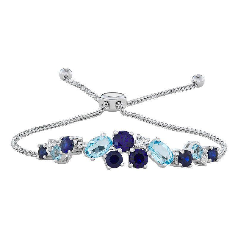 Sterling Silver Lab-Created Blue & White Sapphire & Blue Topaz Adjustable Bracelet, Womens Product Image