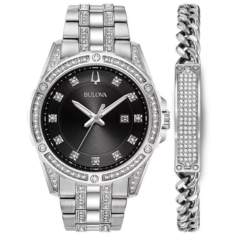 Bulova Mens Stainless Steel Crystal Accented 3-Hand Watch & Crystal Accent ID Bracelet Gift Box Set - 96K105 Silver Product Image