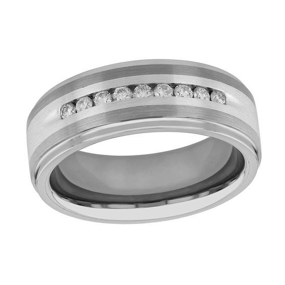 Men's 1/4 CT. T.w. Diamond Stepped Edge Comfort-Fit Engravable Wedding Band in Stainless Steel and Tungsten (1 Line) Product Image