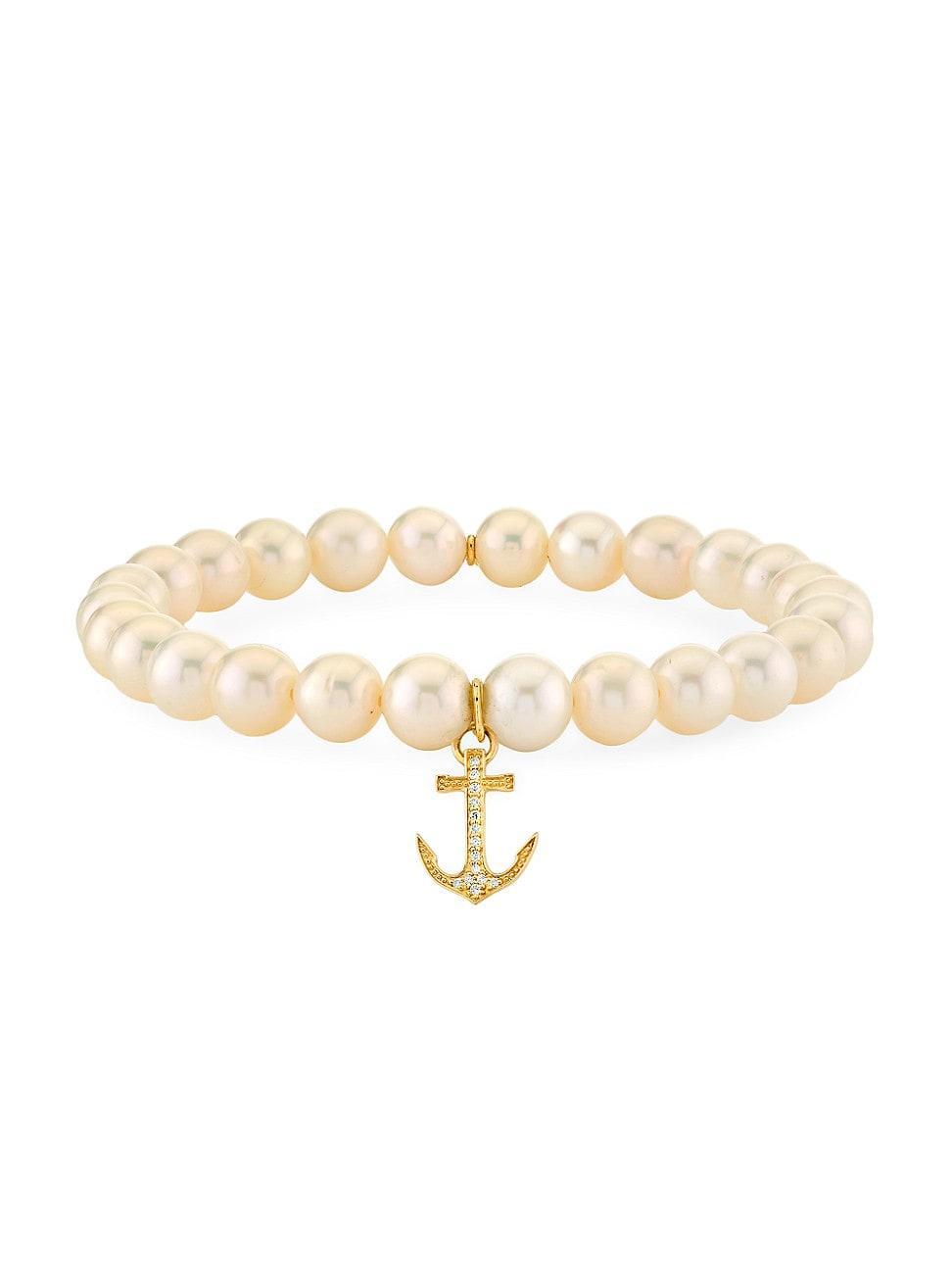 Womens Overboard 14K Yellow Gold, Freshwater Pearl & 0.06 TCW Diamond Stretch Bracelet Product Image