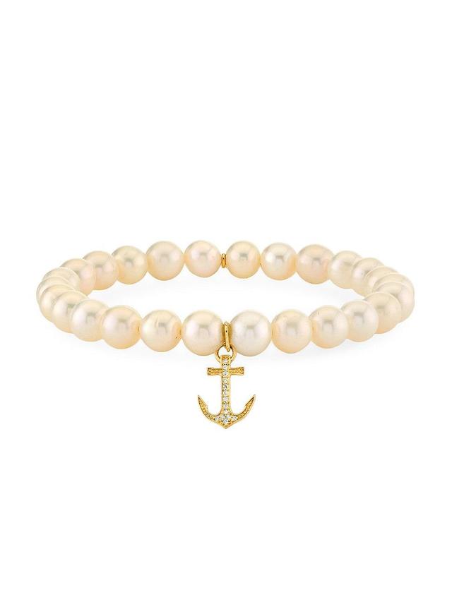 Womens Overboard 14K Yellow Gold, Freshwater Pearl & 0.06 TCW Diamond Stretch Bracelet Product Image