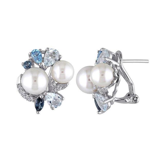 Stella Grace Sterling Silver Blue Topaz, Lab-Created White Sapphire & Freshwater Cultured Pearl Earrings, Womens, Multicolor Product Image