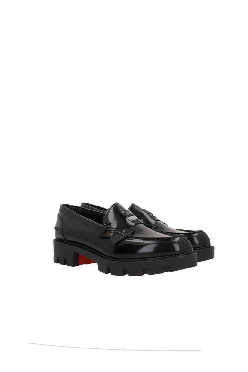 Womens Black Penny Lug Leather Loafers In Black/lin Black Product Image