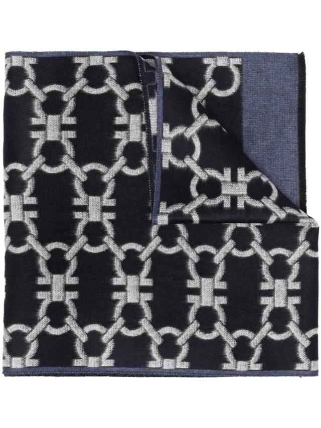 FERRAGAMO Blue And Grey Gancini Monogram Scarf Product Image