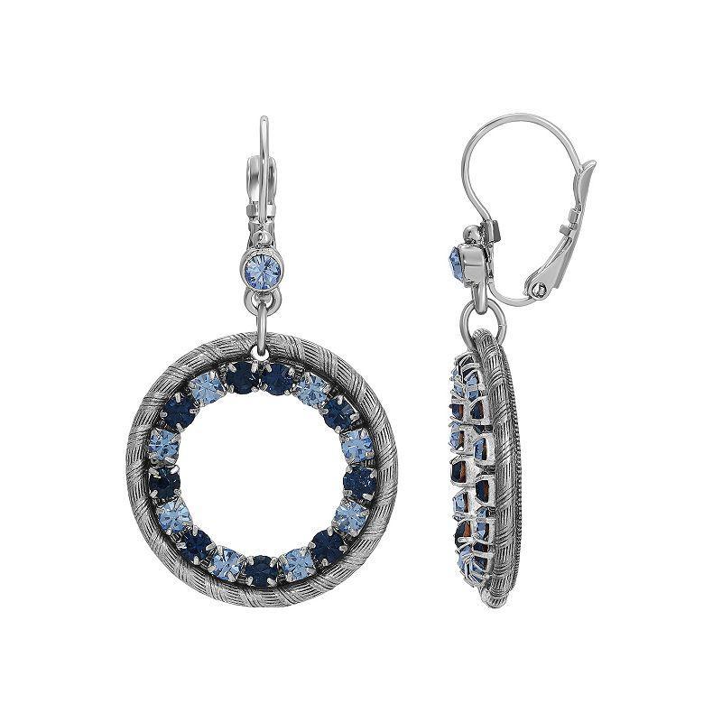 1928 Silver Tone Blue Crystal Open Circle Drop Earrings, Womens Product Image