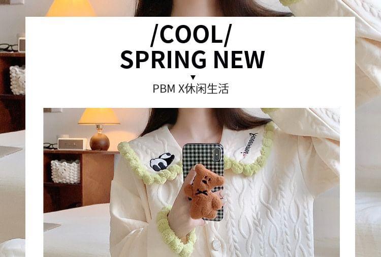 Pajama Set: Embroidered Shirt + Plain Pants Product Image