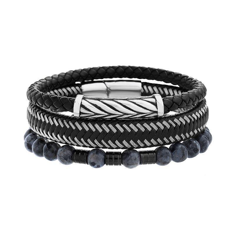 1913 Mens 3-Piece Black Leather & Labradorite Bead Bracelet Set Silvertone Product Image