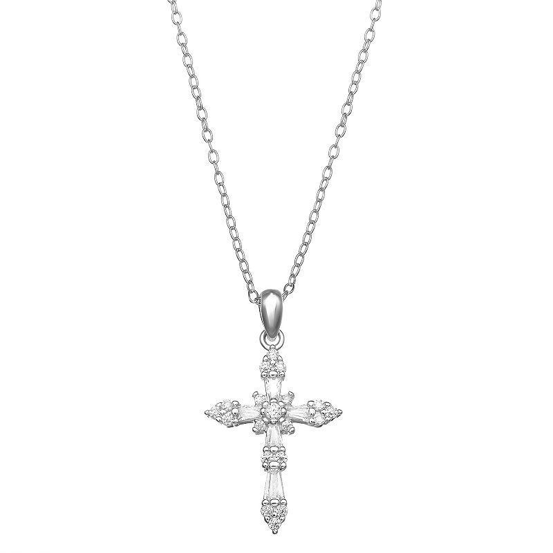 PRIMROSE Sterling Silver Cubic Zirconia Baguette Cross Pendant Necklace, Womens White Product Image