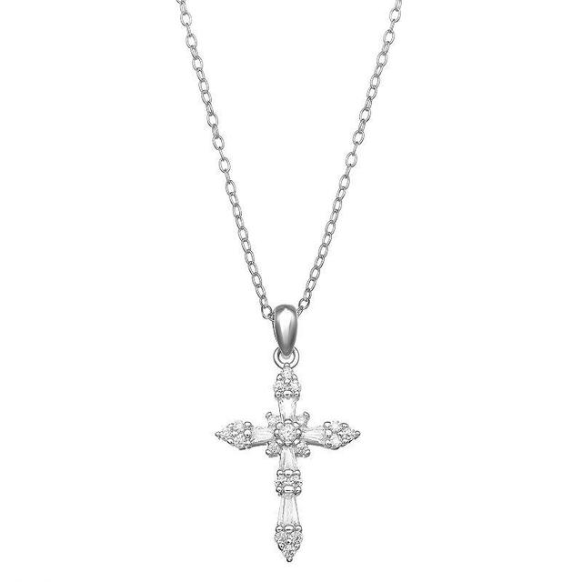 PRIMROSE Sterling Silver Cubic Zirconia Baguette Cross Pendant Necklace, Womens White Product Image