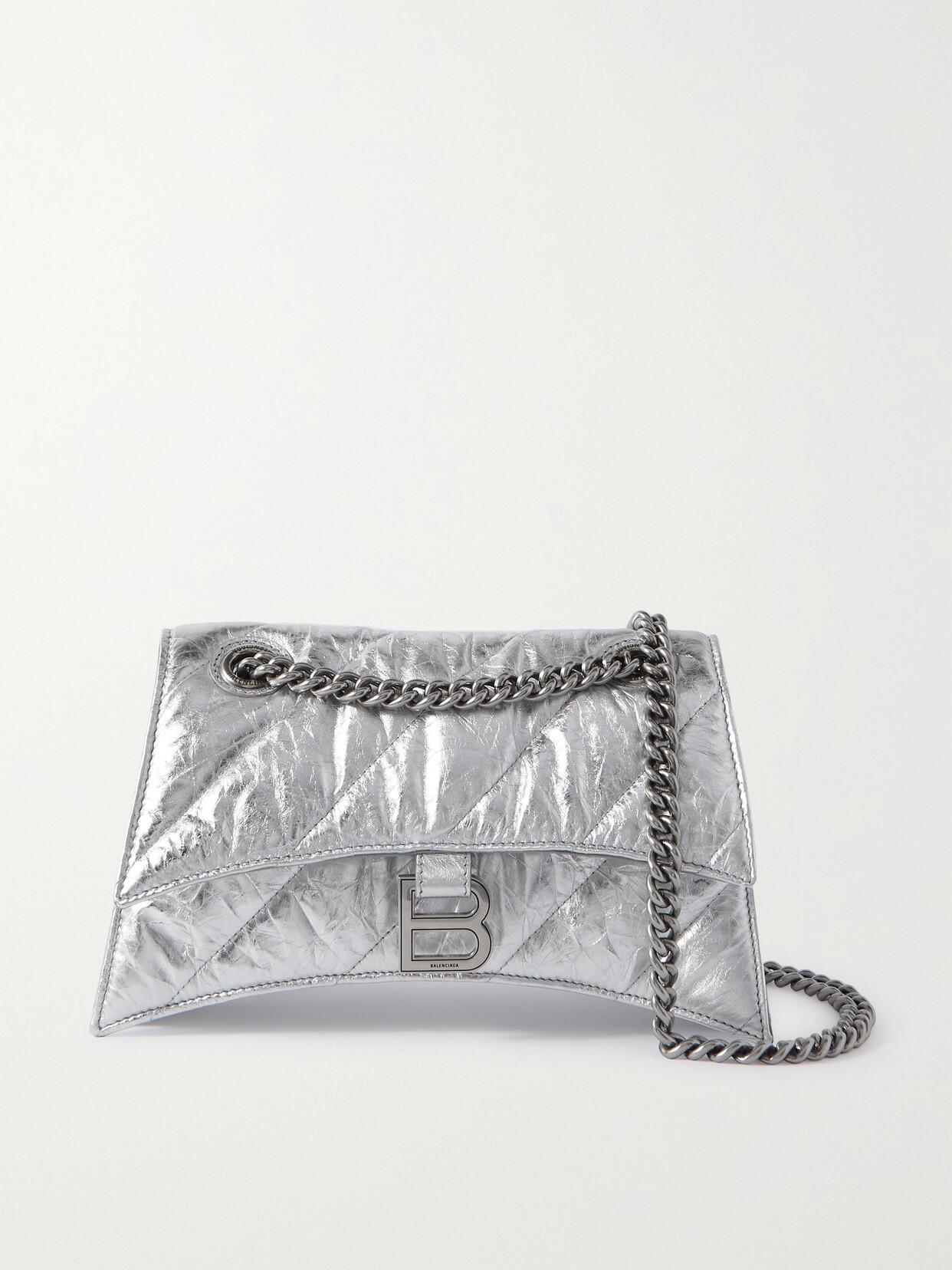 BALENCIAGA Hourglass Quilted Metallic Crinkled-leather Shoulder Bag In Silver Product Image