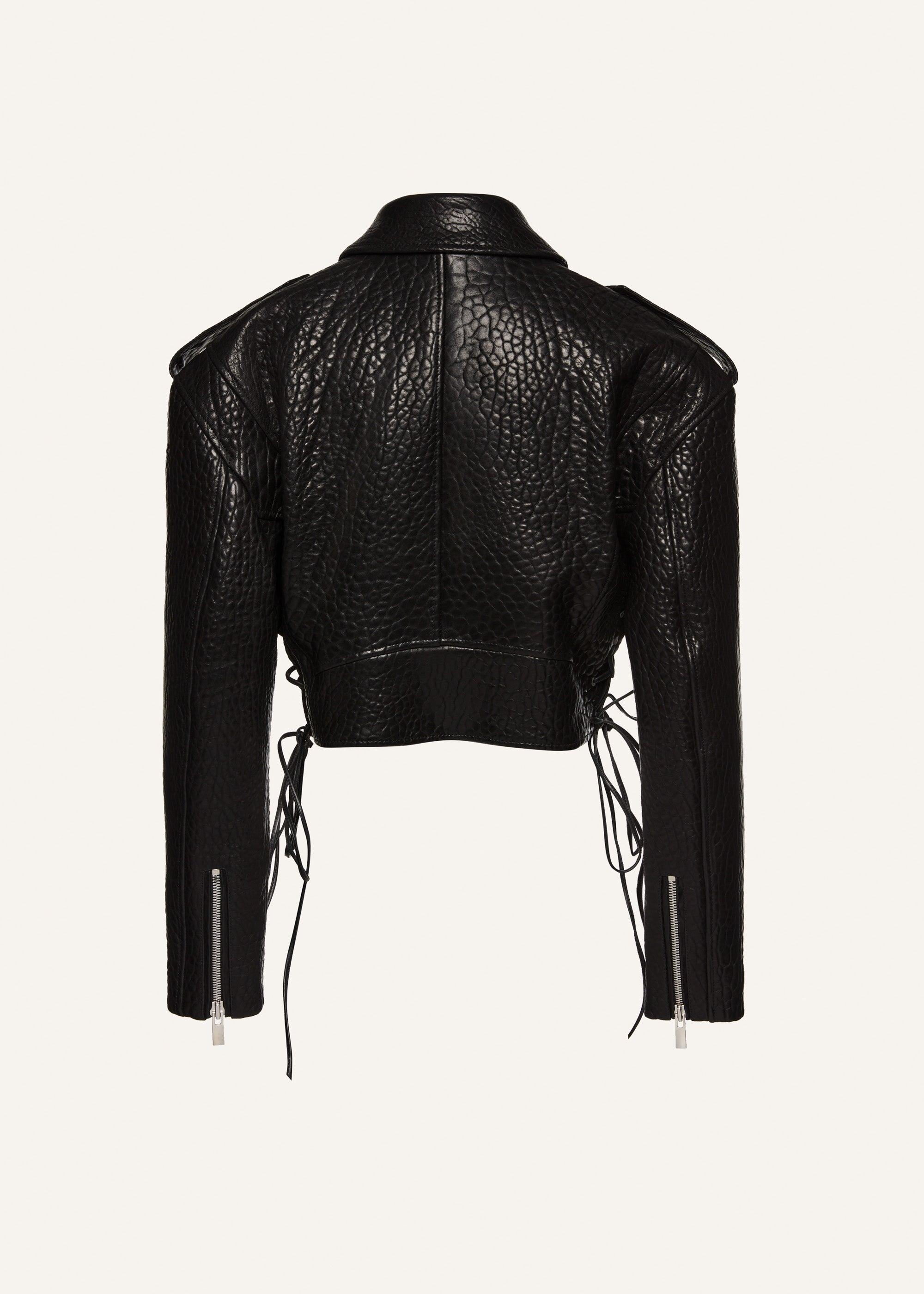 Cropped leather biker jacket in embossed black Product Image