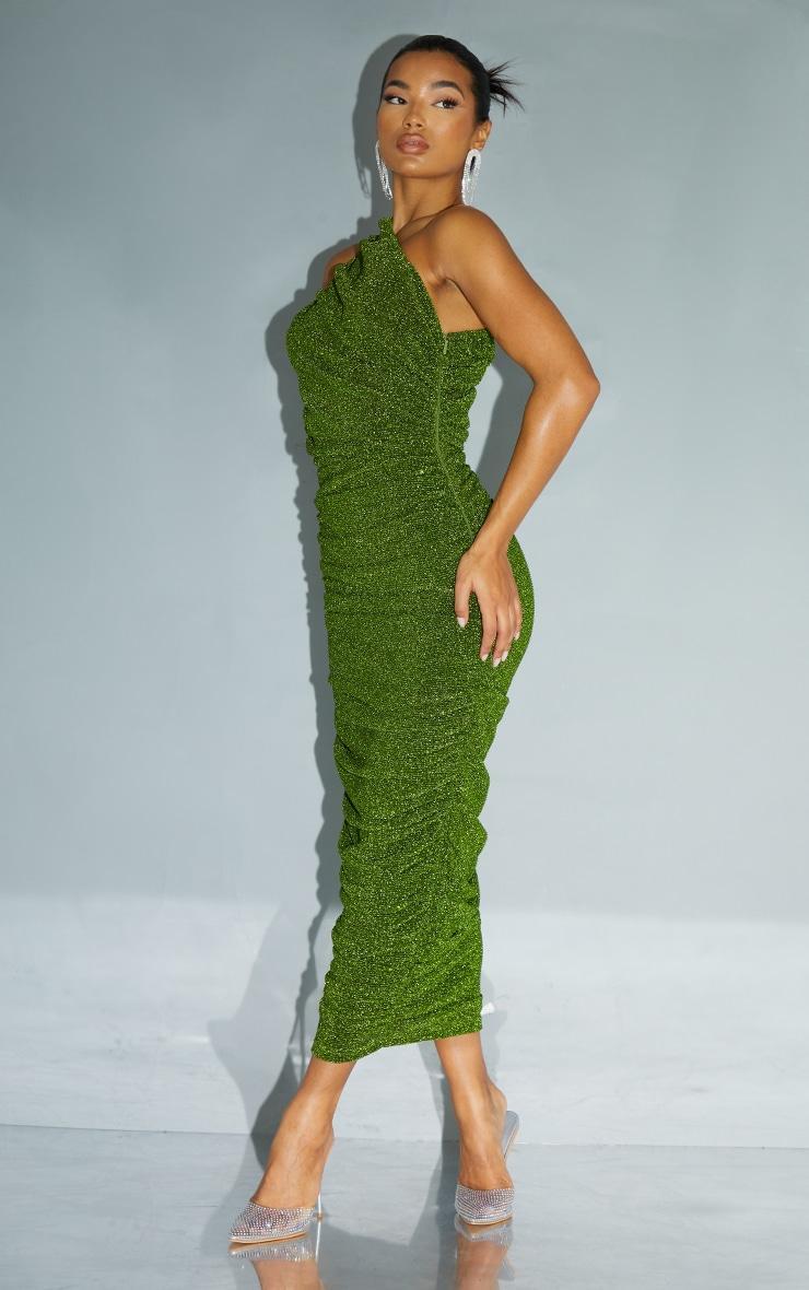 Green Glitter Plisse Ruched One Shoulder Midi Dress Product Image