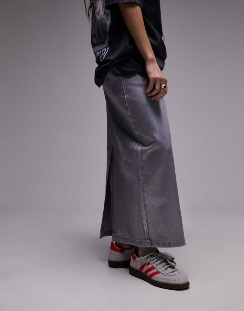 Topshop silver foil denim midi skirt Product Image