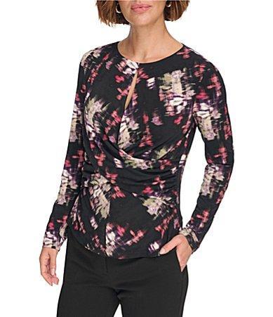 DKNY Printed Matte Jersey Keyhole Neck Long Sleeve Criss Cross Wrap Blouse Product Image