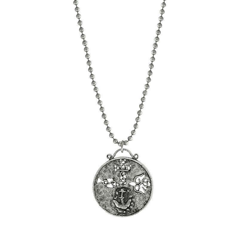 Symbols of Faith Silver Tone Pewter Christian Medallion with Cross Pendant Necklace, Womens Product Image