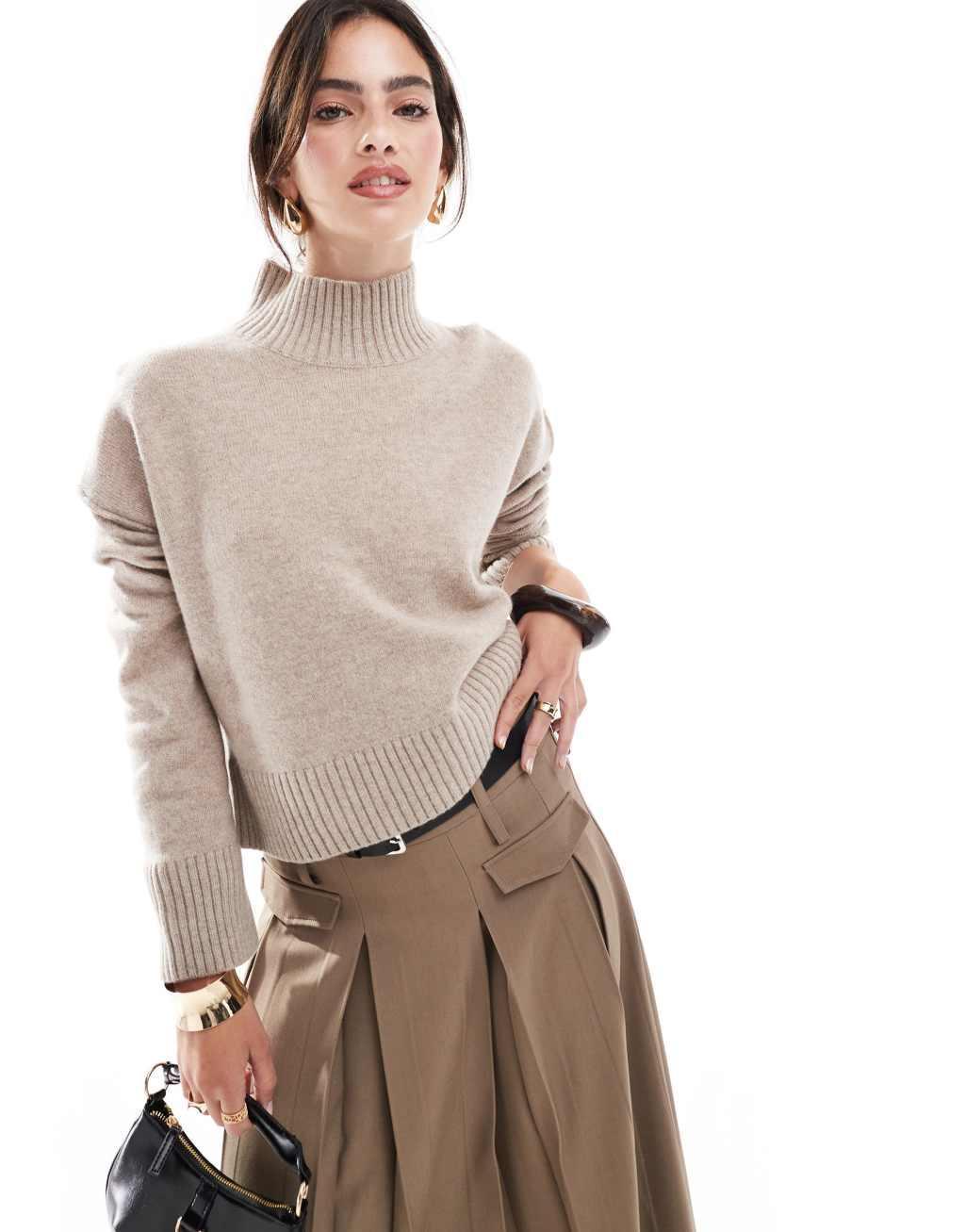 ASOS DESIGN cropped turtleneck sweater in lambswool blend in taupe product image